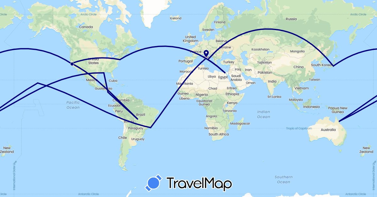 TravelMap itinerary: driving in Australia, Brazil, Egypt, Italy, Japan, Nicaragua, United States (Africa, Asia, Europe, North America, Oceania, South America)